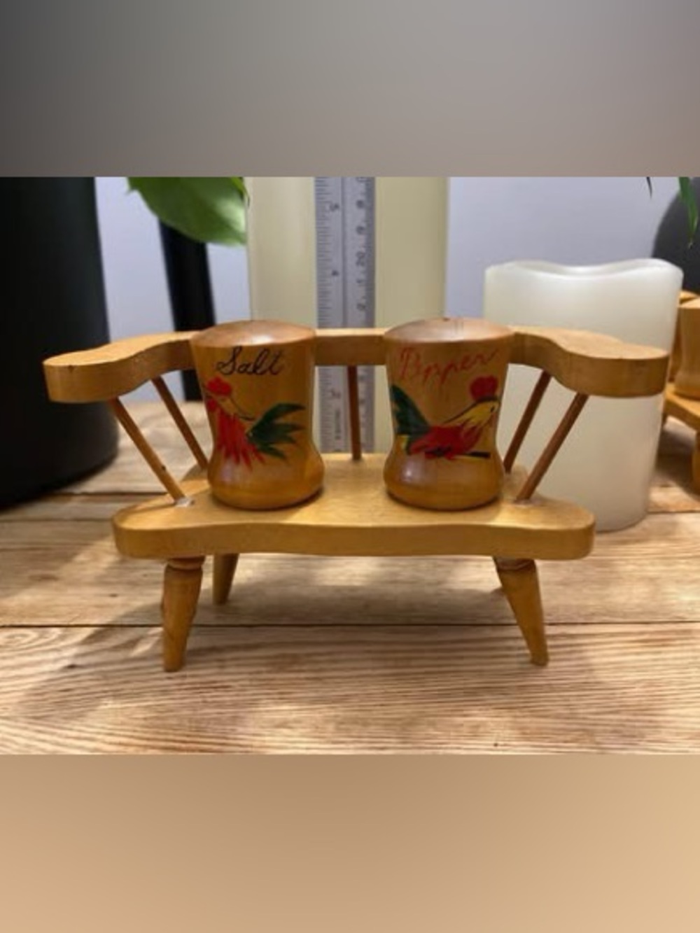 Vintage Wooden Rooster Salt and Pepper Shakers with Bench Stand Hand Painted